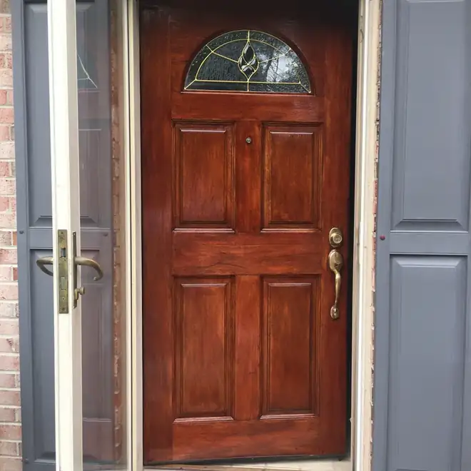 Exterior wood door stripped and re-varnished in Vienna, VA